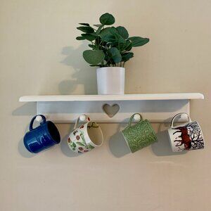 Farmhouse Cottage White Wooden Heart Cutout Shelf with Plate Groove and 4 Pegs